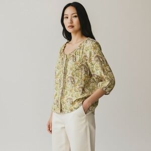 Lauren Ralph Lauren Large Pastel Paisley Cotton Scoop‎ Neck Pintuck Blouse